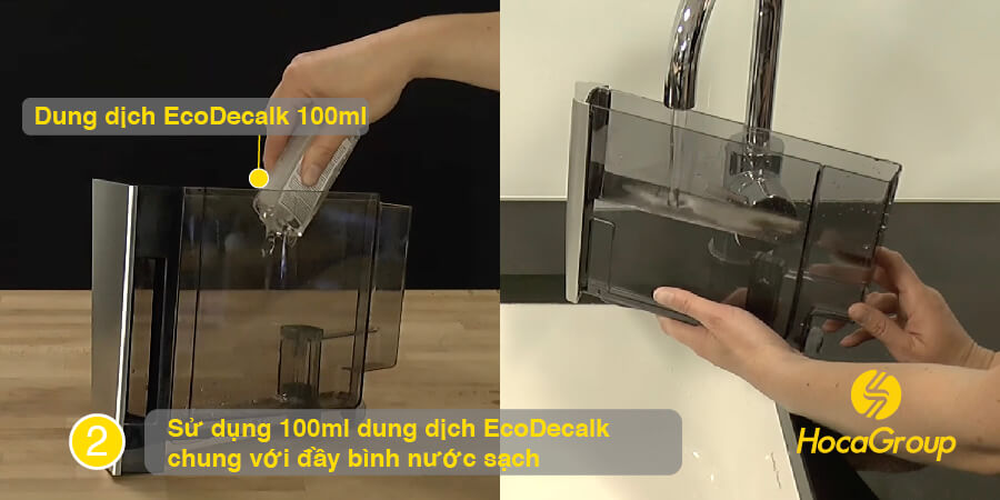 Sử dụng dung dịch vệ sinh Ecodecalk và nước sạch để vệ sinh máy pha cà phê Delonghi Esam 4200 và Esam 4000