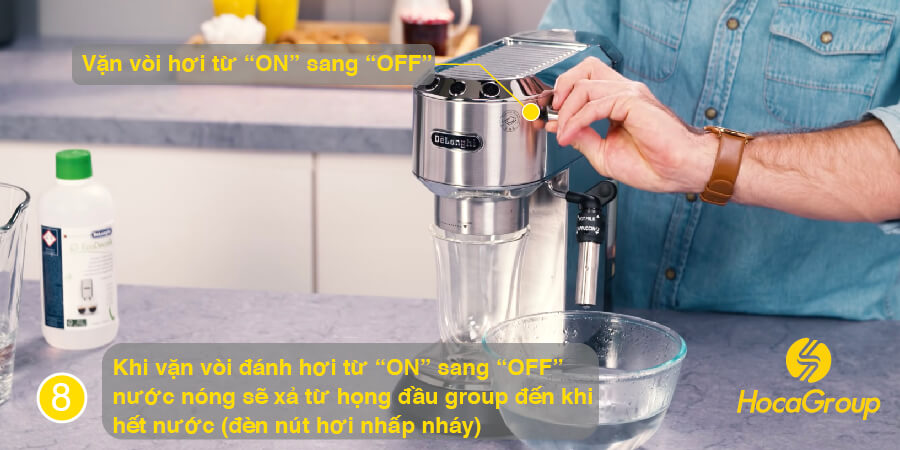 Khi vặn vòi hơi từ "ON" sang "OFF" nước nóng sẽ xả tự động từ đầu group đến khi hết nước.