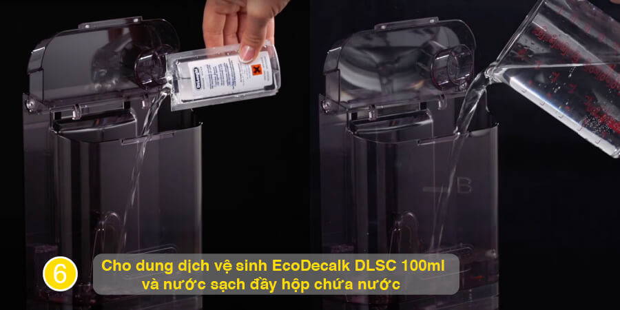 Cho Dung dịch vệ sinh EcoDecalk DLSC 100ml vào hộp chứ đầy nước sạch