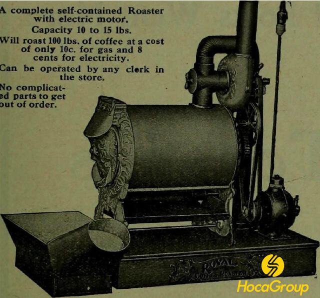 Một quảng cáo năm 1910 cho một máy rang cà phê động cơ điện.